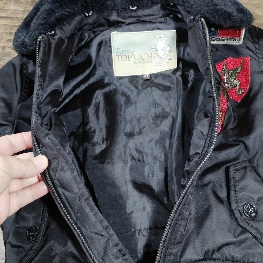 Tommy Top Gun Bomber Jacket Coat 2T Black Patches Military Full Zip Faux Fur